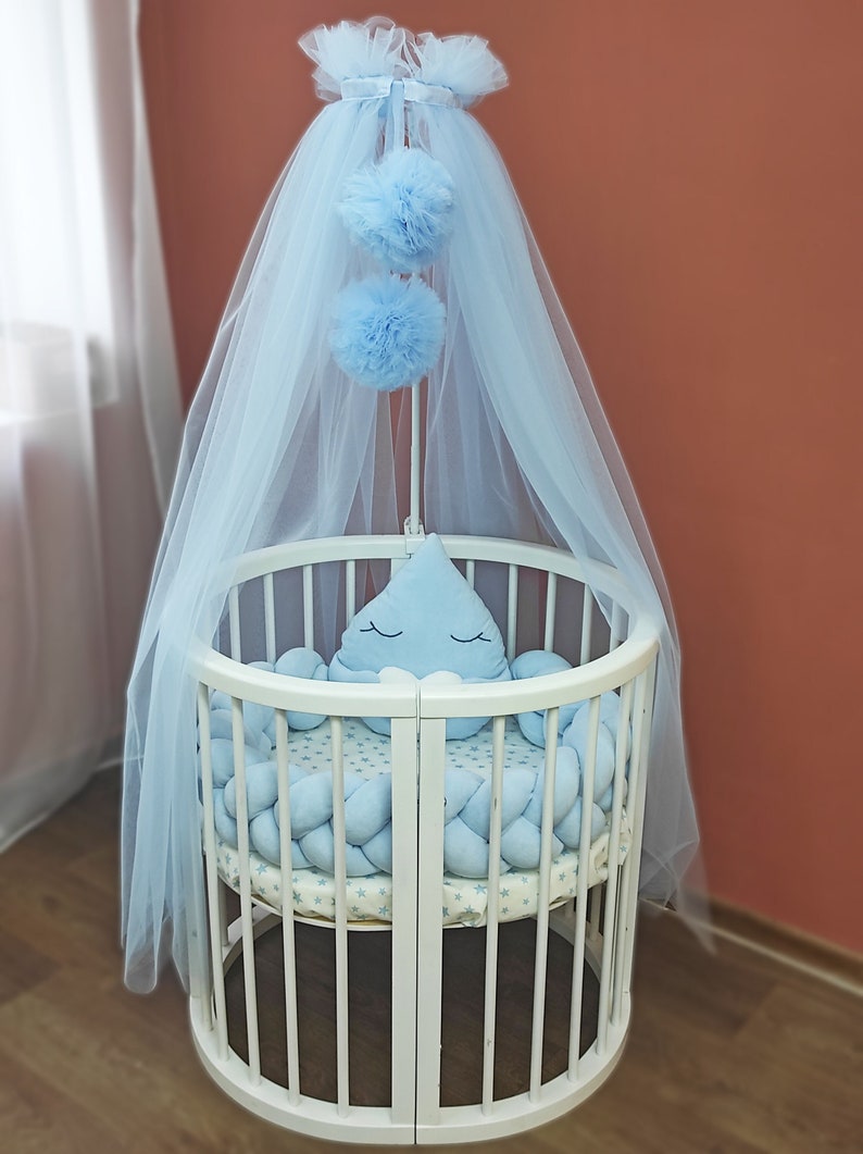 Boho Bed Canopy, Bed Canopy for Baby Boy Girl, Montessori Canopy, Baby Bed Tent, Soft Tulle, Baby Room Nursery Decor, Baldachin with Pompoms image 3