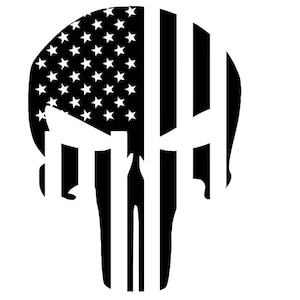 Peut inclure: Silhouette noire et blanche d'un crâne avec le motif du drapeau américain. Le crâne est en forme du logo Punisher.