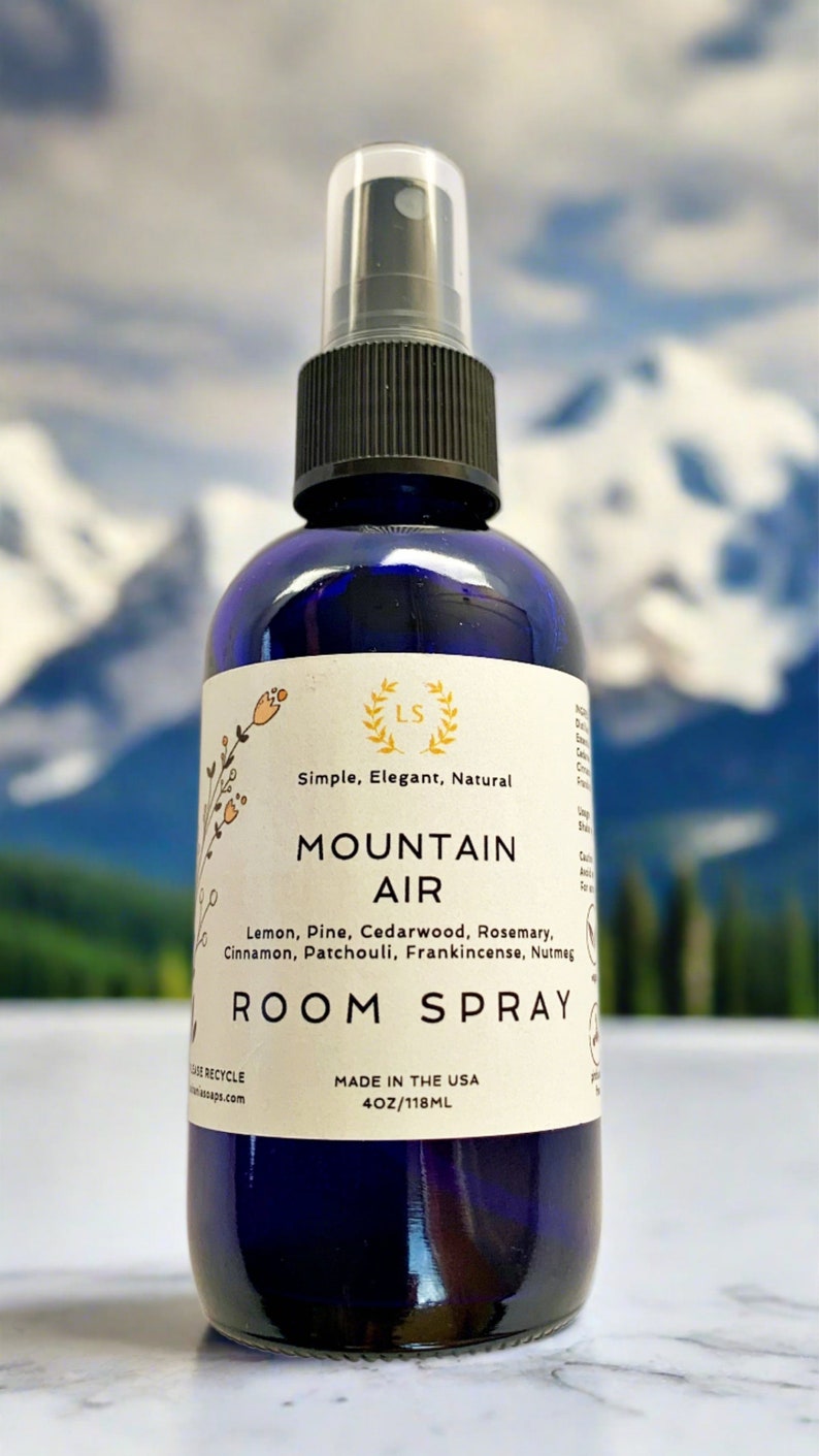 Room spray Mountain Air with essential oils of lemon, pine, cedarwood, rosemary, cinnamon, patchouli, frankincense, nutmeg