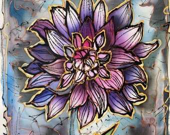 Dahlia painting on silk, mounted on 8x10 canvas