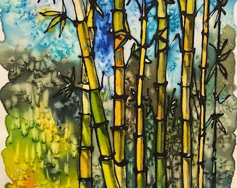 Bamboo painting on silk, mounted on 8x10 canvas