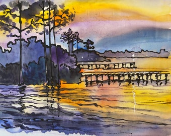 Sunset and Docks painting on silk, mounted on 8x10 canvas