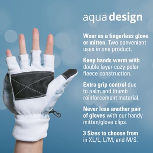 K&ouml;nnte beinhalten: Wei&szlig;e fingerlose Handschuhe mit schwarzen Akzenten und Fleecefutter. Die Handschuhe k&ouml;nnen als F&auml;ustlinge oder fingerlose Handschuhe getragen werden. Der Text "aqua design" befindet sich oben im Bild. Der Text "3 Gr&ouml;&szlig;en zur Auswahl in XL/L, L/M und M/S." befindet sich unten im Bild.