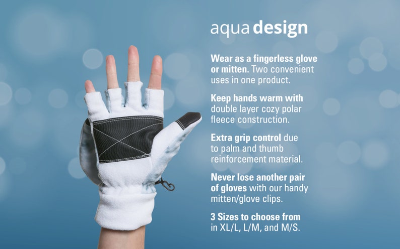 K&ouml;nnte beinhalten: Wei&szlig;e fingerlose Handschuhe mit schwarzen Akzenten und Fleecefutter. Die Handschuhe k&ouml;nnen als F&auml;ustlinge oder fingerlose Handschuhe getragen werden. Der Text "aqua design" befindet sich oben im Bild. Der Text "3 Gr&ouml;&szlig;en zur Auswahl in XL/L, L/M und M/S." befindet sich unten im Bild.