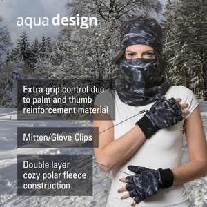 K&ouml;nnte beinhalten: Eine Frau tr&auml;gt eine schwarz-wei&szlig;e Gesichtsmaske und Handschuhe mit Muster. Die Handschuhe haben eine doppelte Schicht aus kuscheligem Polarfleece und zus&auml;tzlichen Grip durch verst&auml;rktes Material an Handfl&auml;che und Daumen. Die Handschuhe haben auch Handschuhclips.