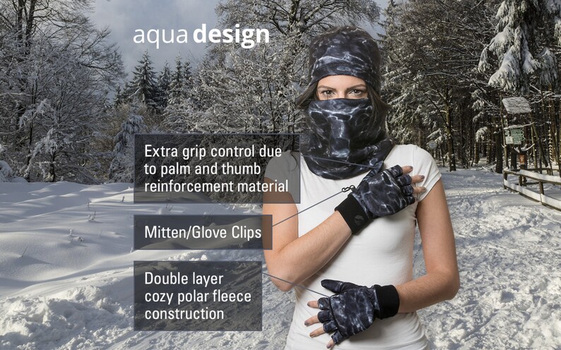 K&ouml;nnte beinhalten: Eine Frau tr&auml;gt eine schwarz-wei&szlig;e Gesichtsmaske und Handschuhe mit Muster. Die Handschuhe haben eine doppelte Schicht aus kuscheligem Polarfleece und zus&auml;tzlichen Grip durch verst&auml;rktes Material an Handfl&auml;che und Daumen. Die Handschuhe haben auch Handschuhclips.