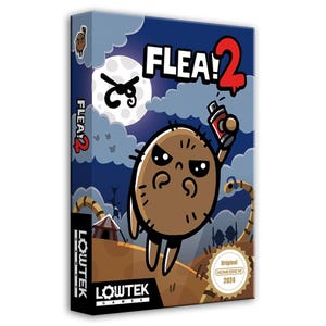 May include: A box for the board game Flea! 2. The box features a cartoon illustration of a brown, furry creature with a spray can in its hand. The creature has a grumpy expression and is flying in the air. The background is a dark blue night sky with a full moon and stars. The text "Flea! 2" is written in large, white letters on the box.