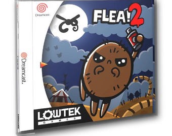 May include: A Dreamcast game case with a brown cartoon character holding a spray can. The game is called "Flea! 2" and is made by Lowtek Games.