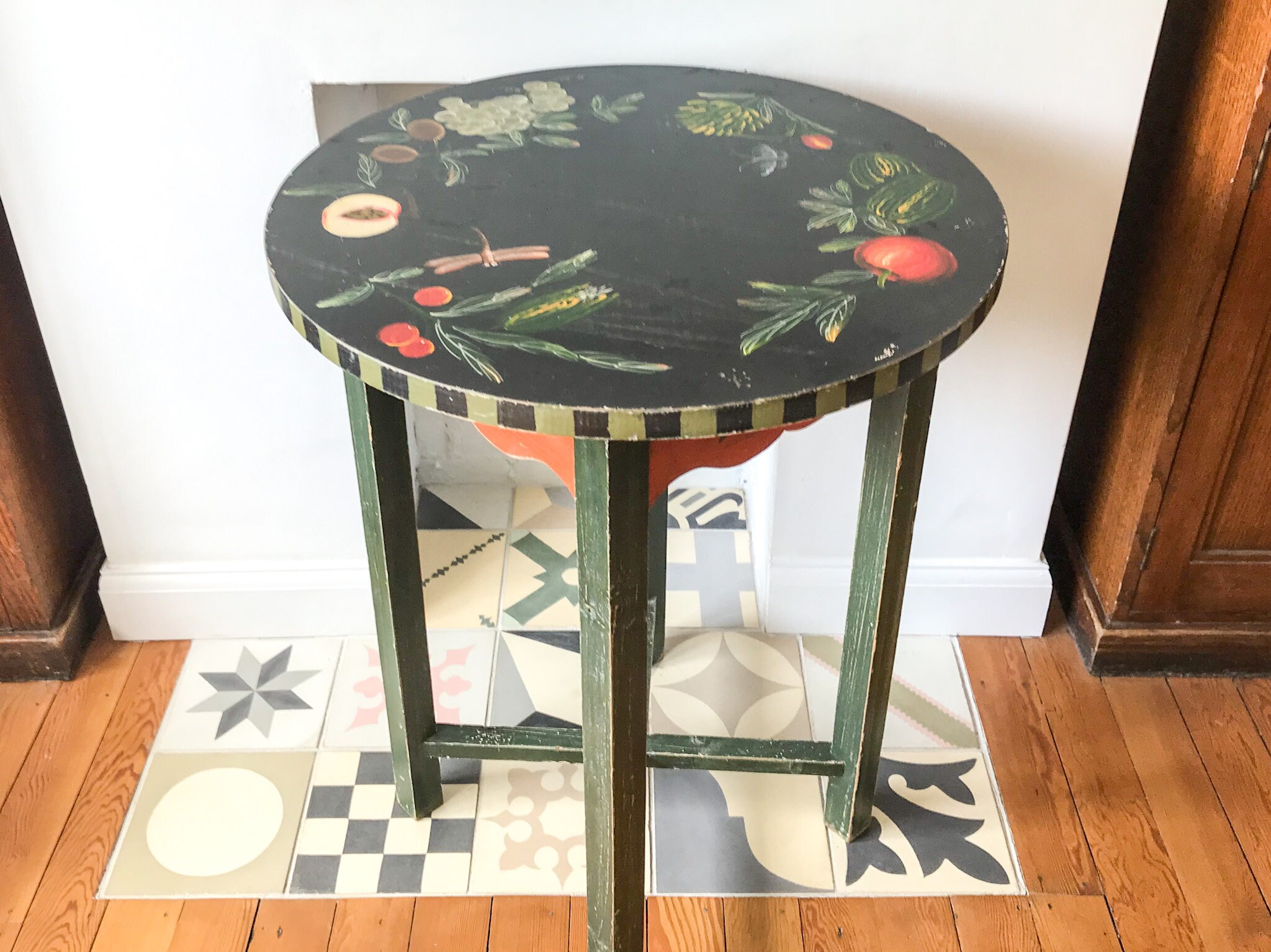 Vintage Wooden Hand Painted Folk Style Round Side Table / Etsy