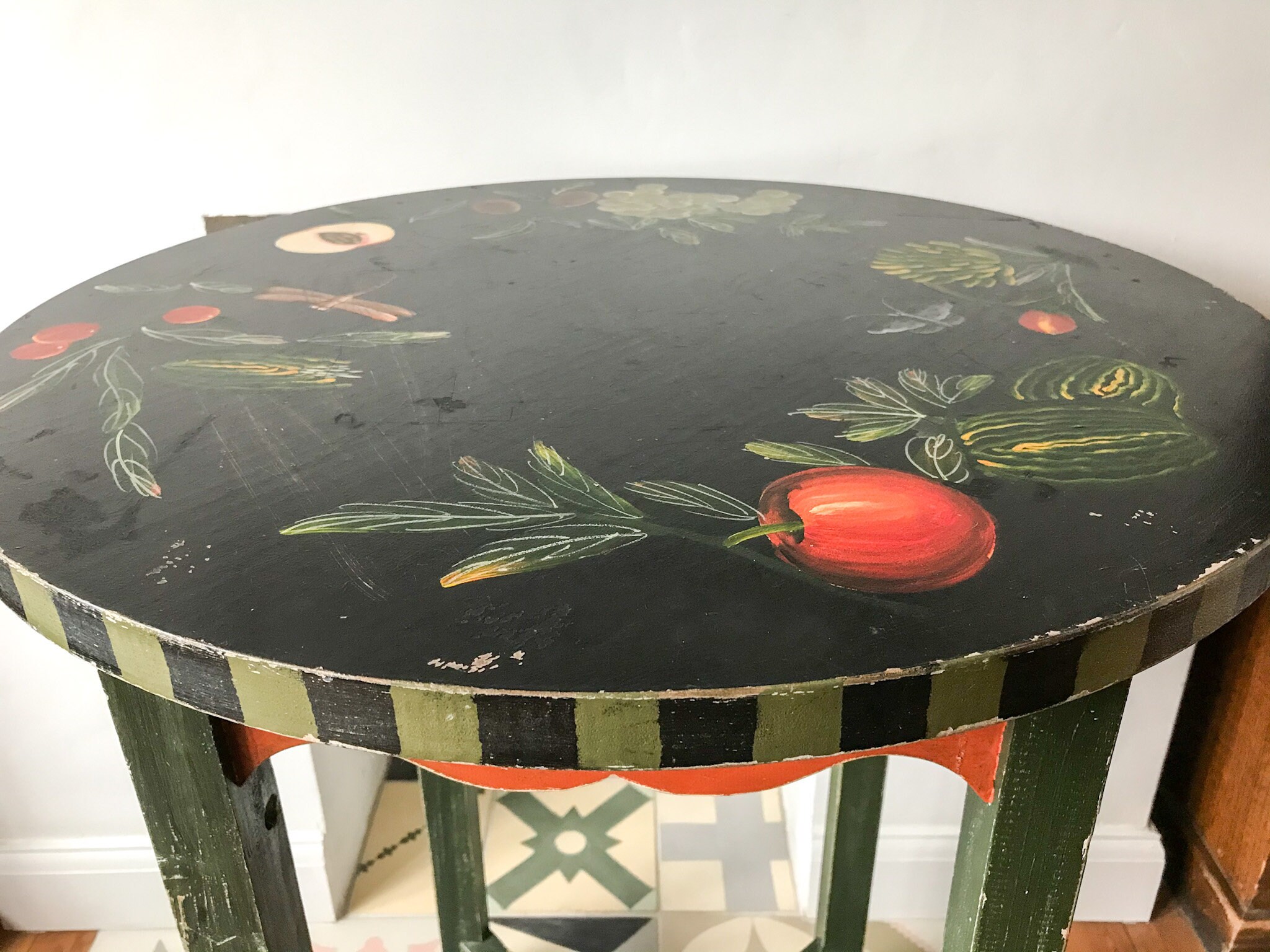 Vintage Wooden Hand Painted Folk Style Round Side Table / Etsy