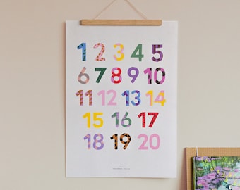 Number poster DIN A2, playful design, pattern mix, recycled paper, organic colours