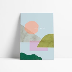 Postkarte "Alles Liebe" / abstrakte Landschaft / verträumt / romantisch / mit Pflanzenfarben gedruckt / Recyclingpapier