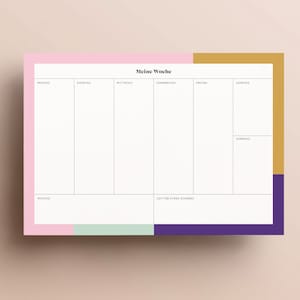 Könnte beinhalten: Ein druckbarer Wochenplaner mit einem rosa, grünen, violetten und goldenen Farbschema. Der Planer ist in sieben Abschnitte für jeden Tag der Woche unterteilt, mit einem Abschnitt unten für "Wichtige" (Wichtig) und "Zeit für etwas Schönes" (Zeit für etwas Schönes).
