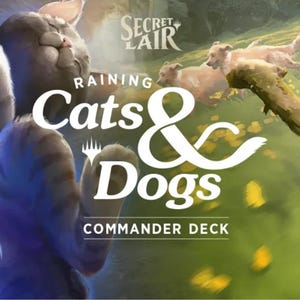 Könnte beinhalten: Bannerbild mit Katzen und Hunden. Die linke Seite zeigt Katzen mit blauen und violetten Effekten. Die rechte Seite zeigt zwei Hunde mit einem Stock im Maul. Der Text lautet "Raining Cats & Dogs Commander Deck."