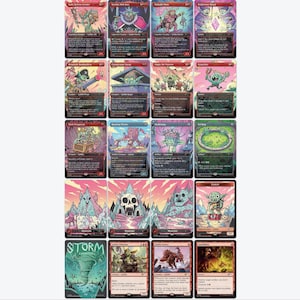 May include: A selection of illustrated trading cards with fantasy artwork. The cards display various characters and scenes, with a mix of bright colours and detailed artwork. Some cards have the word "STORM" on them.