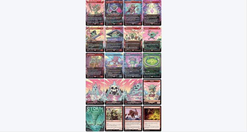 May include: A selection of illustrated trading cards with fantasy artwork. The cards display various characters and scenes, with a mix of bright colours and detailed artwork. Some cards have the word "STORM" on them.