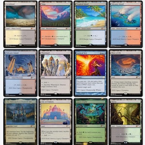 May include: A collection of Magic: The Gathering trading cards. The cards feature various landscapes, spells, and creatures. The cards have text and illustrations, with a variety of colors and designs. The cards are from different Legacy Championship events.