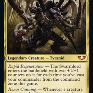 May include: A Magic: The Gathering card named "The Swarmlord." The card shows a detailed illustration of a monstrous creature with multiple limbs and sharp claws. The card text includes "Legendary Creature - Tyranid" and game instructions. The card has a power and toughness of 5/5.