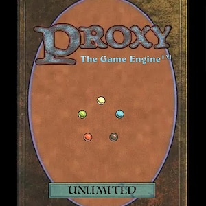 May include: A trading card back featuring the word "DROXY" in a stylized font above "The Game Engine". The card has a brown oval with six coloured dots and the word "UNLIMITED" at the bottom, all on a dark background.