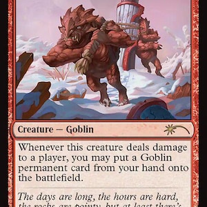 May include: A red Magic: The Gathering card named "Goblin Lackey." The card depicts a red goblin-like creature in a snowy scene, carrying a structure. Text on the card details the creature's abilities and flavour text about friendship.