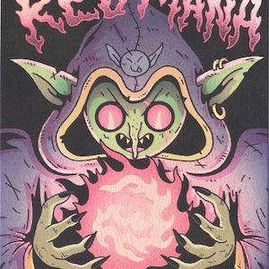 May include: A fantasy illustration featuring a goblin-like character with green skin, holding a pink fireball. The figure is hooded in purple, with the words "RED MANA" above. The artwork has a dark background and a stylized design.