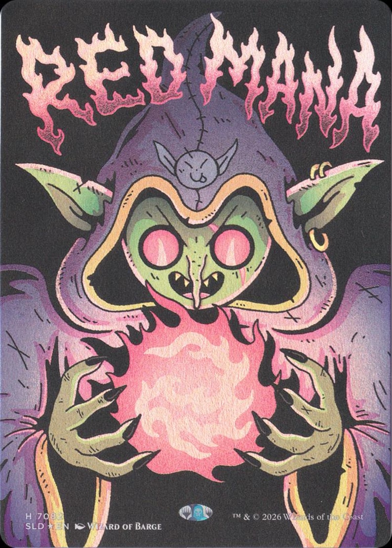 May include: A fantasy illustration featuring a goblin-like character with green skin, holding a pink fireball. The figure is hooded in purple, with the words "RED MANA" above. The artwork has a dark background and a stylized design.
