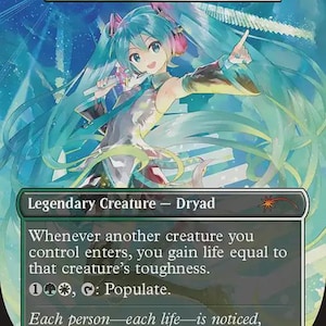Op de afbeelding: Een verzamelkaart getiteld Miku, Song of the People, met een personage met blauwgroen haar en lange staarten. De kaarttekst identificeert het als een legendarisch wezen Dryade met een kracht en weerstand van 2/5 en spelregels.