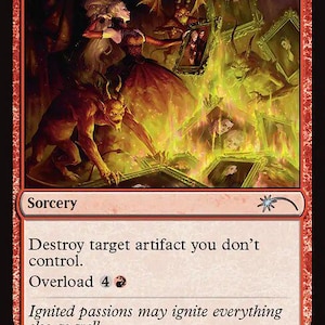 May include: A red Magic: The Gathering card named "Vandalblast." The illustration shows a fiery scene with demonic figures and burning picture frames. The card text includes "Destroy target artifact you don't control" and "Overload 4".