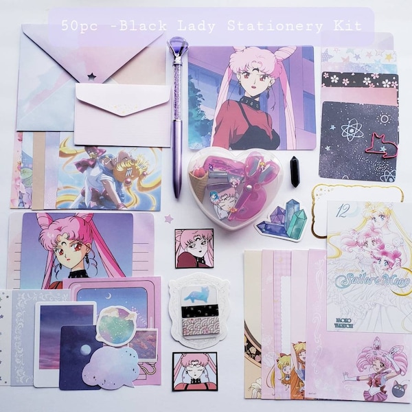Sailor Moon 50pcs Black Lady theme Stationery Grab kit Sailor Chibiusa, Envelope, Memo sheets, Journaling, Stickers, scrapbooking, pen pal