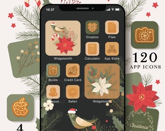 May include: A smartphone screen display featuring gingerbread-themed app icons, widgets, and wallpapers with poinsettias, birds, and candy canes. Text includes 120 APP ICONS, 4 WALLPAPERS, 8 WIDGETS, and GINGERBREAD. The color palette consists of dark green, beige, and red.