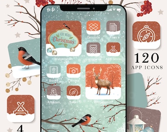 May include: A digital smartphone interface theme featuring a snowy forest aesthetic with 120 app icons, 8 widgets, and 4 wallpapers. The design includes illustrations of bullfinches, a deer, and red berries on branches against a light blue background.