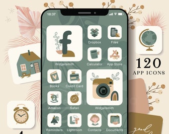 Green Boho App Icons Widget Smith iPhone iOS 14 Hand Drawn Green Aesthetic iPhone, Beige Aesthetic Home Screen App Icon Pack iOS 14, 210104