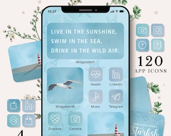 iOS App Icons Ocean Blue App Covers Android Theme Watercolor Phone Home Screen iOS 14 Summer Icons Blue App Icon Bundle Highlights, 201007