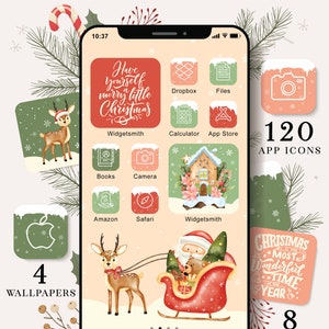 Papier peint de Noël Android, icônes esthétiques pour iPhone, iOS 14, pack d&#39;icônes d&#39;application vacances vert et rouge classique, téléphone Samsung mignon, 201128