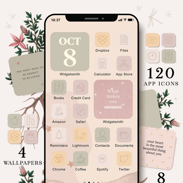 App Icons Pastel iOS 14 Icons for iPhone Android Pastel Aesthetic App Covers, Bright Beige Home Screen iOS Theme Pack Quote Widget, 201019