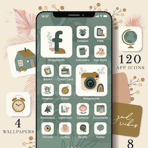 May include: A phone screen displays a Boho Lover theme with 120 app icons, 8 widgets, and 4 wallpapers. The icons have a neutral color palette with illustrations of a camera, house, and globe. The text "good vibes" is also visible.