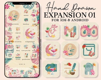 Summer App Icons Colorful iPhone Icon Pack Tropical iOS Icon Theme Phone Wallpaper, Aesthetic Background Apple Android Widget, 240507e1