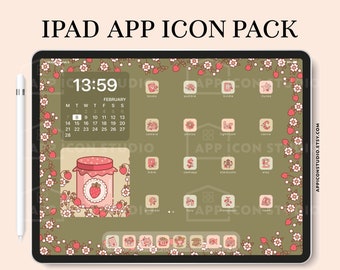 Iconos de fresa para iPad, iconos Cottagecore para iOS 15, iconos de verano para iPad, pantalla de inicio de fresas, paquete de iconos de aplicaciones de iconos destacados, 210409i