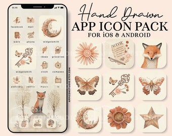 Beige Aesthetic iPhone Icon Set with Flowers and Stars, Boho Themed App Icons, iOS Wallpapers and Widgets in Aesthetic Brown Shades, 230801