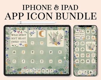 May include: An iPhone and iPad app icon bundle featuring a sage green background with floral borders. The screen displays custom icons, widgets with crystals and a crescent moon, and the text Wild Spirit Soft Heart Sweet Soul.