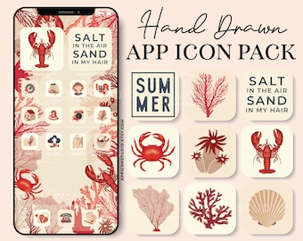 Summer iPhone Icon Set with Wallpapers and Widgets, App Icons in Aesthetic Beige and Red Shades, Coral Widgets, Custom Android Phone, 220715