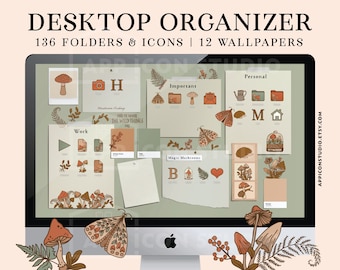 May include: A computer screen displaying a desktop organizer with a mushroom theme. The organizer includes 136 folders and icons, and 12 wallpapers. The text "ALWAYS BE ON THE LOOKOUT FOR THE PRESENCE OF WONDER" and "MUSHROOM PICKING" is displayed on the screen. The text "FOR MAC & WINDOWS" is also displayed on the screen.