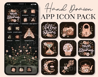 iOS Black Icons, iOS 14 Black Icons, Brown iPhone App Icons, iOS Aesthetic, iOS14 App Icons, Cottagecore iOS 14 Icons Apps Icon Pack, 220119