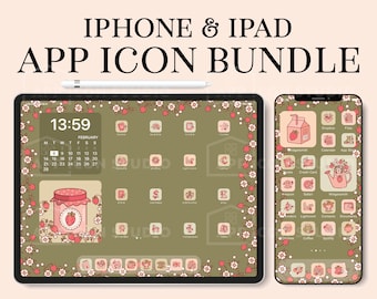 Paquete de iconos de apps con estética de fresa para iPhone y iPad, diseño cottagecore, portadas de apps veraniegas, iconos rosas y verdes, 210409b