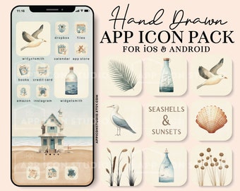 Beach iPhone Icon Set with Wallpapers and Widgets, Icons in Aesthetic Blue and Beige Shades, Summer Widgets, Custom Android Phone, 230704