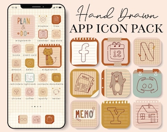 Cute Neutral Hand Drawn iOS and Android App Icons Home Screen Set Widgets Wallpapers Sketch Browns Beige Aesthetic iOS Icon Pack, 210701