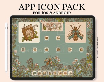 Paquete de iconos de iOS, azul, cottagecore, verde, cubiertas de aplicaciones, iPad, tableta Android, estética beige, pantalla de inicio, iOS 14, 15, 16, widgets, fondos de pantalla, 230428i