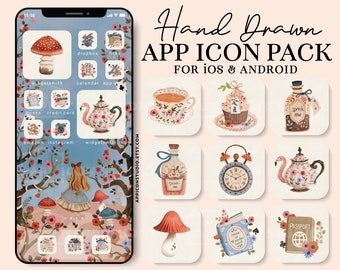 Alice in Wonderland App Icons iPhone Theme iOS Icons Wallpapers and Widgets for iPhone & Android Phone, Icon Pack in Blue and Beige, 240402