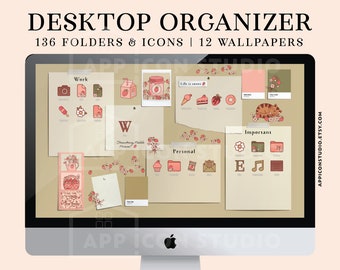 Strawberry Desktop Organizer for Mac and Windows, Desktop Wallpaper MacBook Folder Icons, PC Desktop Background Wallpaper Organizer, 210409c