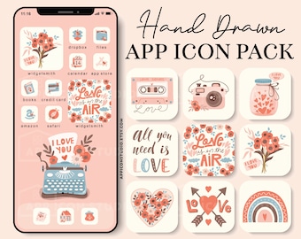 Iconos de aplicaciones iOS 14 con estética rosa, iconos de San Valentín rosa claro para iPhone y Android, iconos iOS 14 con accesos directos, fondo de pantalla, pantalla de inicio, 220105
